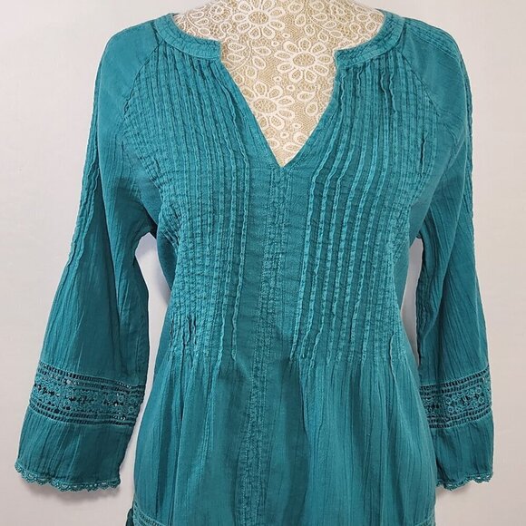 Sundance Women's Size XS Teal Crochet Lace 3/4 Sleeve V-Neck Peasant Top Boho - Picture 2 of 11